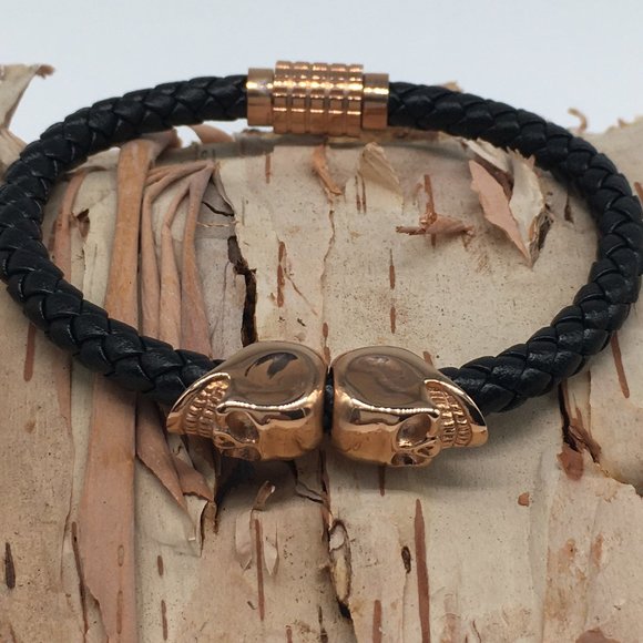 Black Leather Bracelet with Two Rose Gold Skulls and Magnetic Clasp - Picture 1 of 4